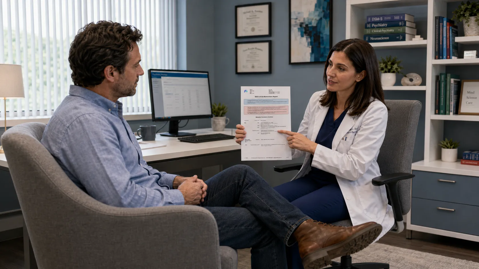 Physician and patient reviewing a DeepPsy report during a treatment discussion.